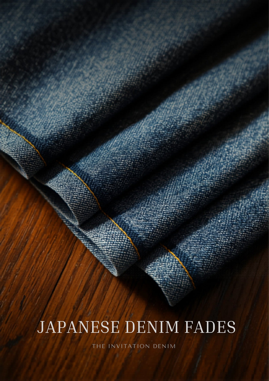 Japanese denim fades on raw selvedge jeans showing high-contrast indigo whiskers and honeycombs