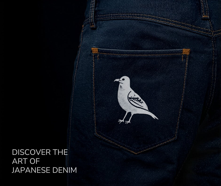Evisu jeans iconic hand-painted seagull logo on dark indigo selvedge denim